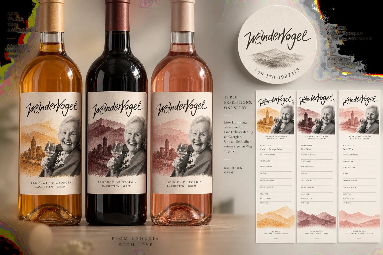Drei Flaschen Wandervogel: Amber, Rotwein und Rosé, mit Etiketten und Datenblättern